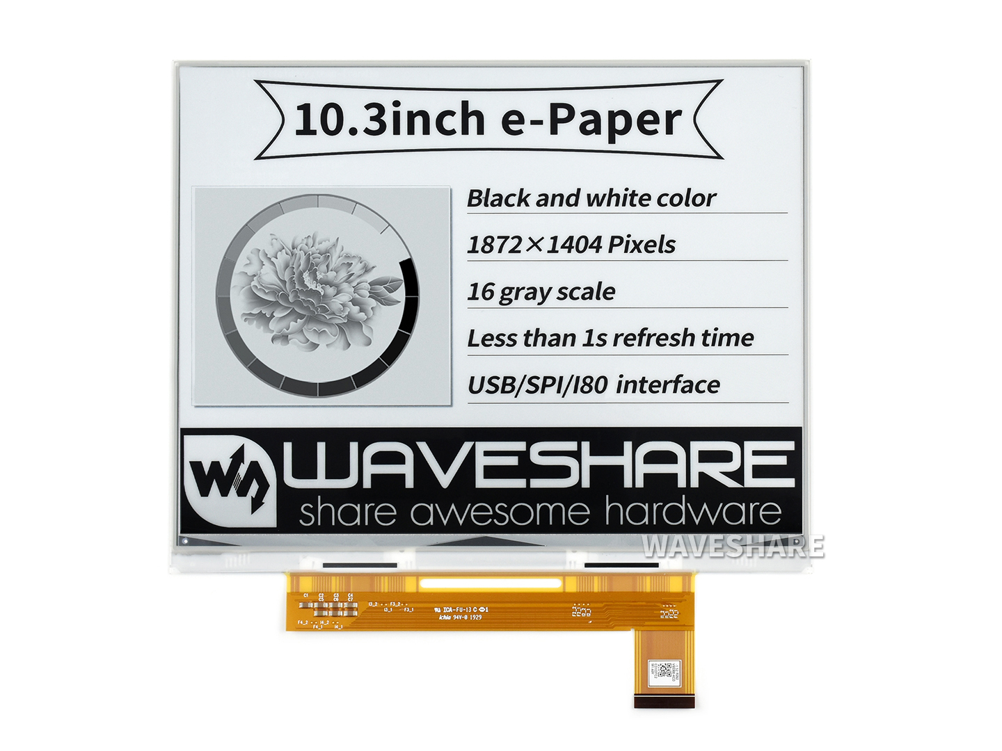 10.3inch e-Paper e-Ink Raw Display, 1872*1404, Black / White, 16 Grey Scales, Parallel Port, without