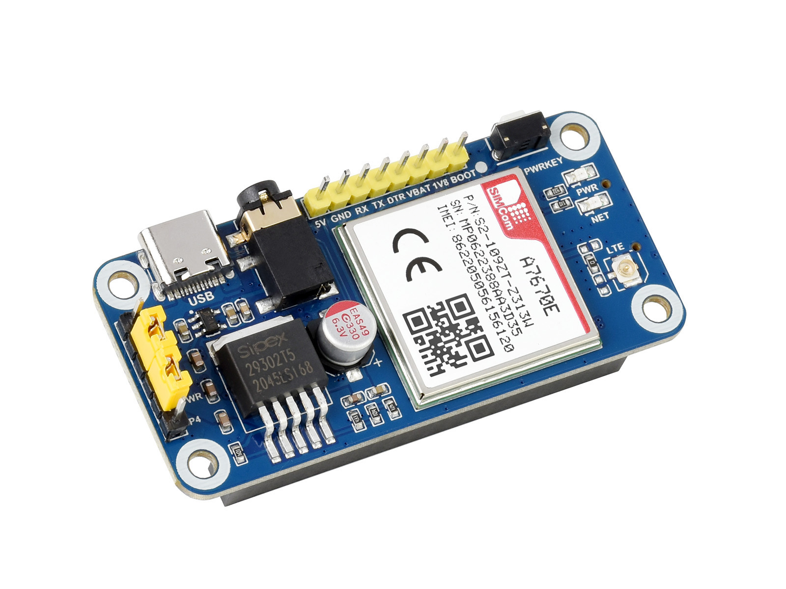 A7670E LTE Cat-1 HAT for Raspberry Pi, Multi Band, 2G GSM / GPRS, LBS - Waveshare 20049