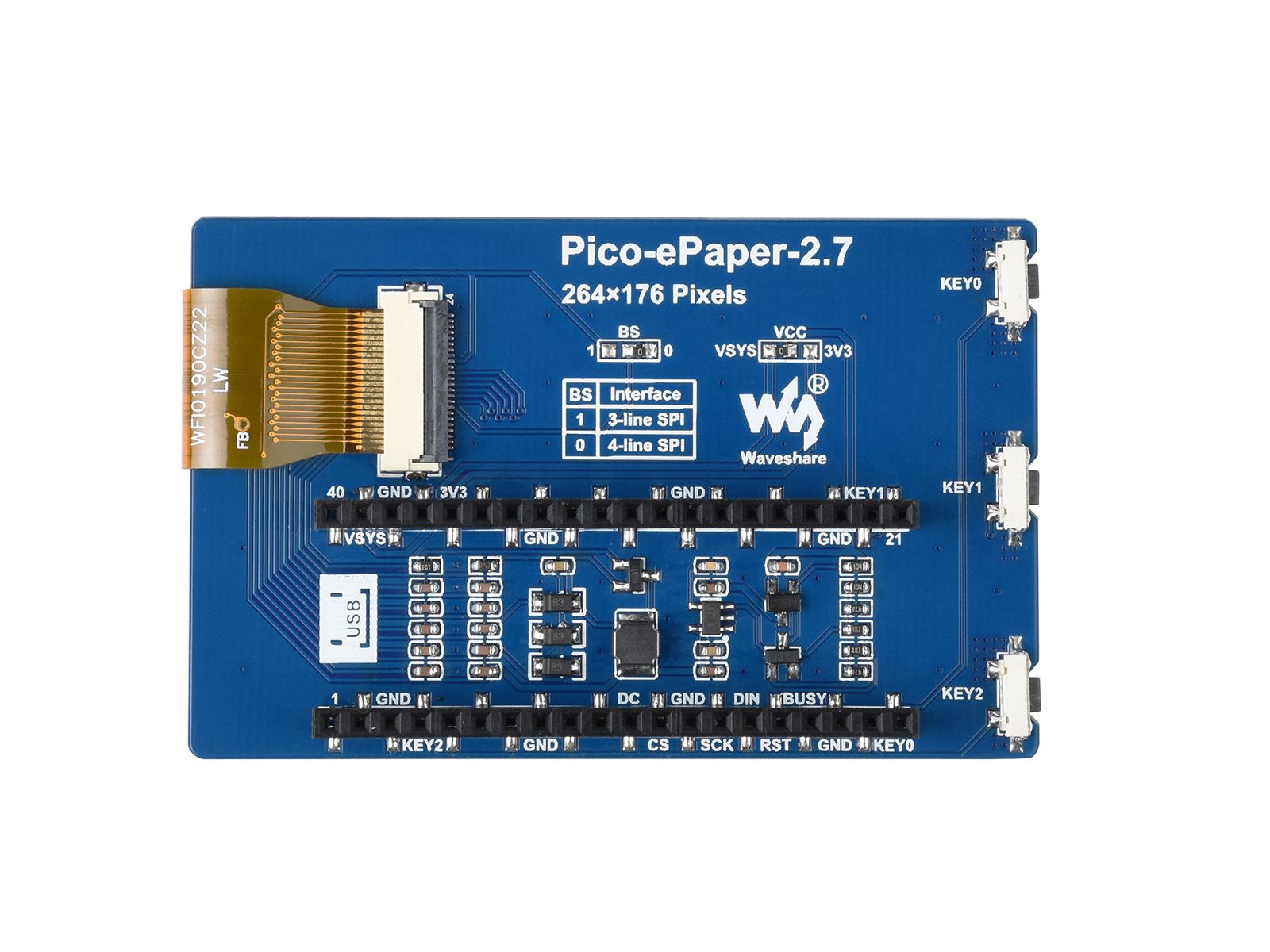 2.7inch E-Paper E-Ink Display Module for Raspberry Pi Pico, 264*176, Black / White, 4 Grayscale, SPI