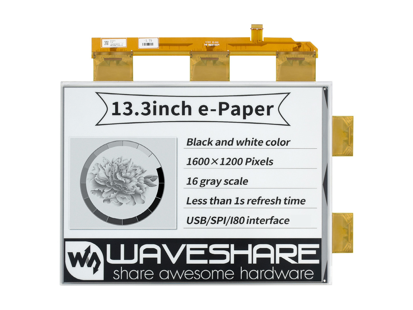 13.3inch e-Paper e-Ink Raw Display, 1600*1200, Black / White, 16 Grey Scales, Parallel Port, Without