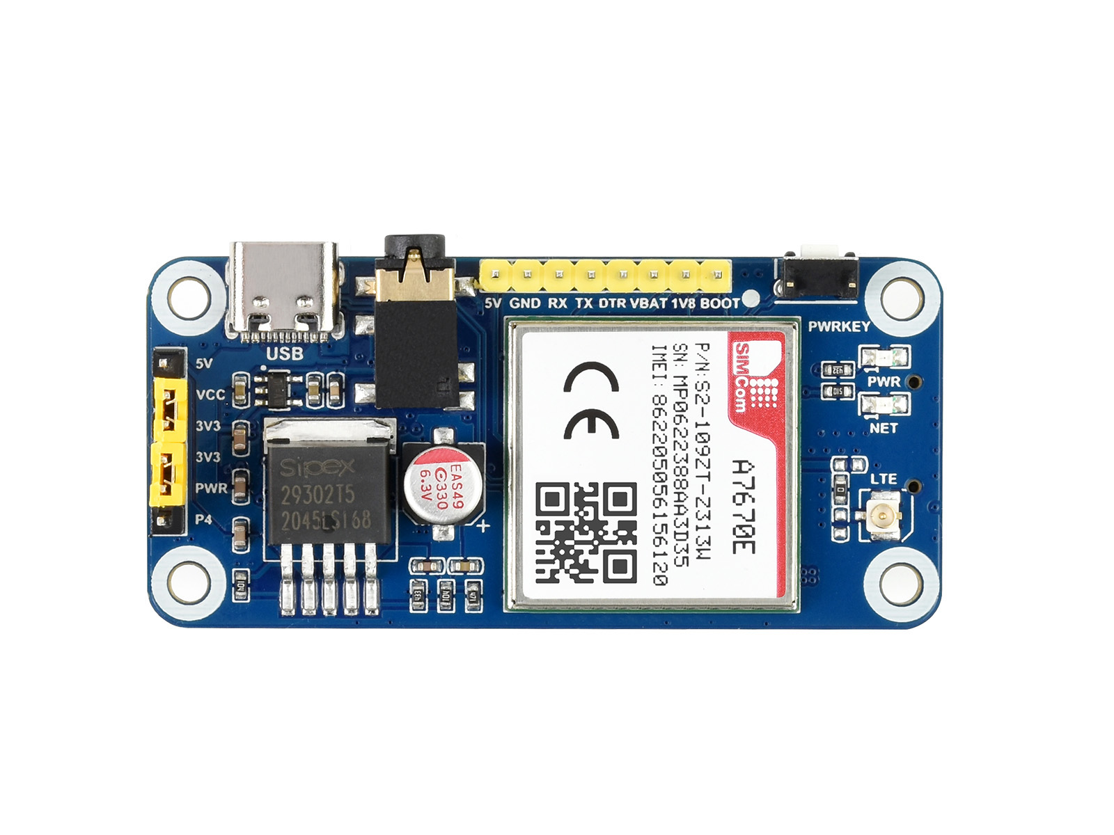 A7670E LTE Cat-1 HAT for Raspberry Pi, Multi Band, 2G GSM / GPRS, LBS - Waveshare 20049