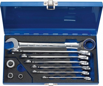 набор ключей комбинированных трещоточных с  реверсом 50725-6005 в металлическом кейсе, 8-19 мм, адап