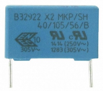 B32922C3334K, Конденсатор пленочный помехоподавляющий X2 0.33мкФ 305В переменного тока ±10% (18 X 8
