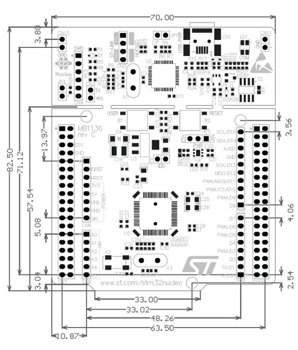 NUCLEO-F411RE board dimensions