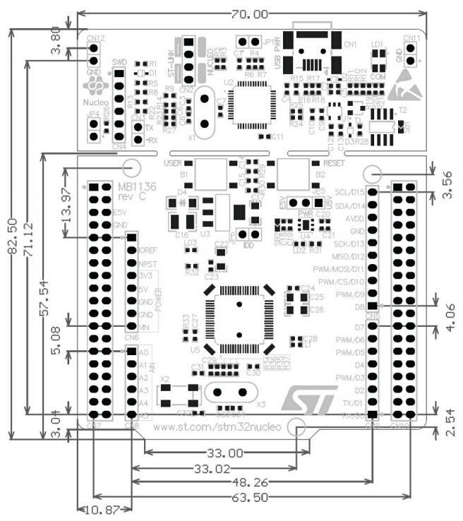 NUCLEO-F446RE board dimensions