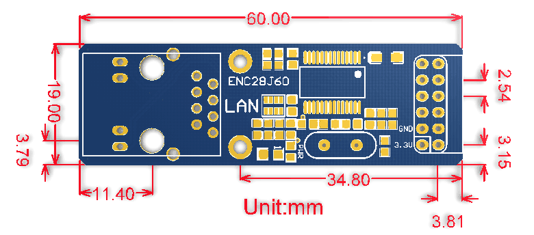ENC28J60 Ethernet Board dimensions