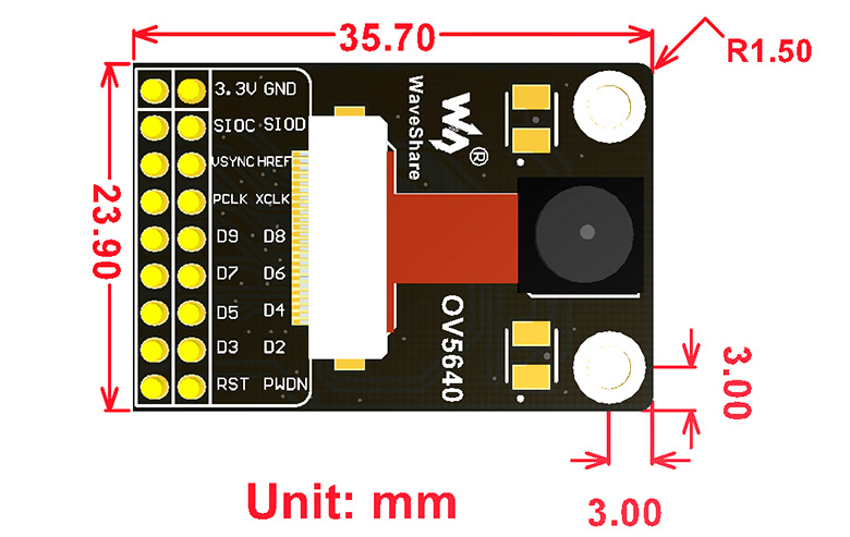 OV5640 Camera Board (A) dimensions