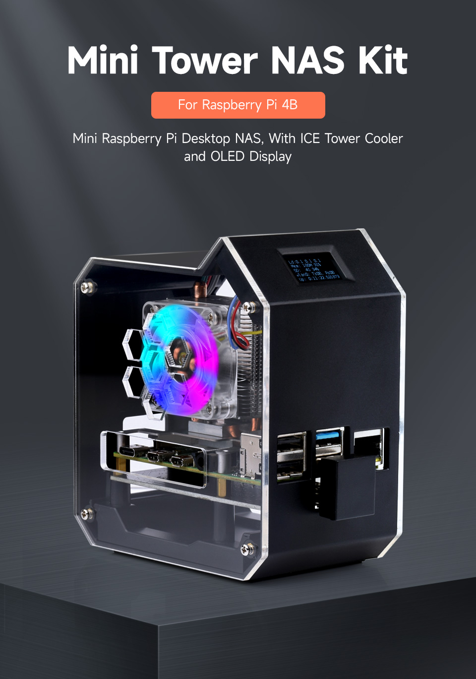 Mini Tower NAS Kit for Raspberry Pi 4B, support up to 2TB M.2 SATA SSD,  Strong Heat Dissipation, OLE Waveshare Electronics в каталоге  интернет-магазина АО Созвездие